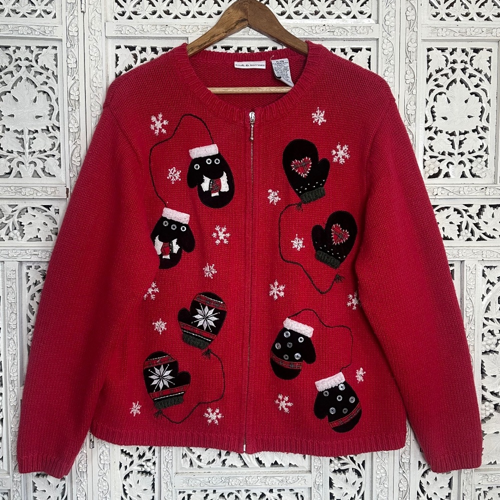 Vtg Croft & Barrow‎ Red Holiday Christmas Grannycore Full Zip Cardigan Sz XL